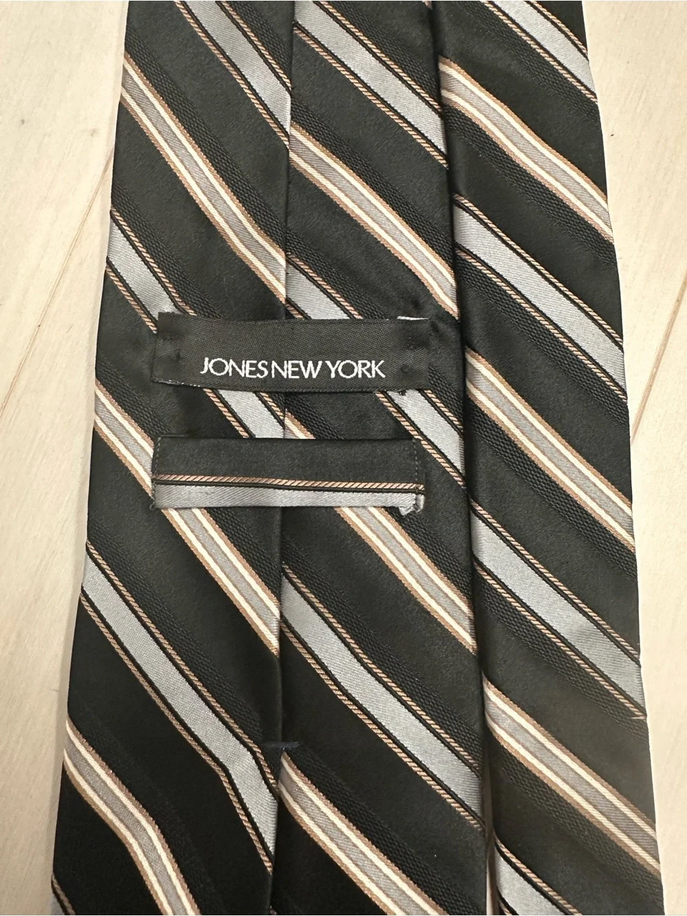 Jones New York Black Silk Tie with Gray and Brown Stripes